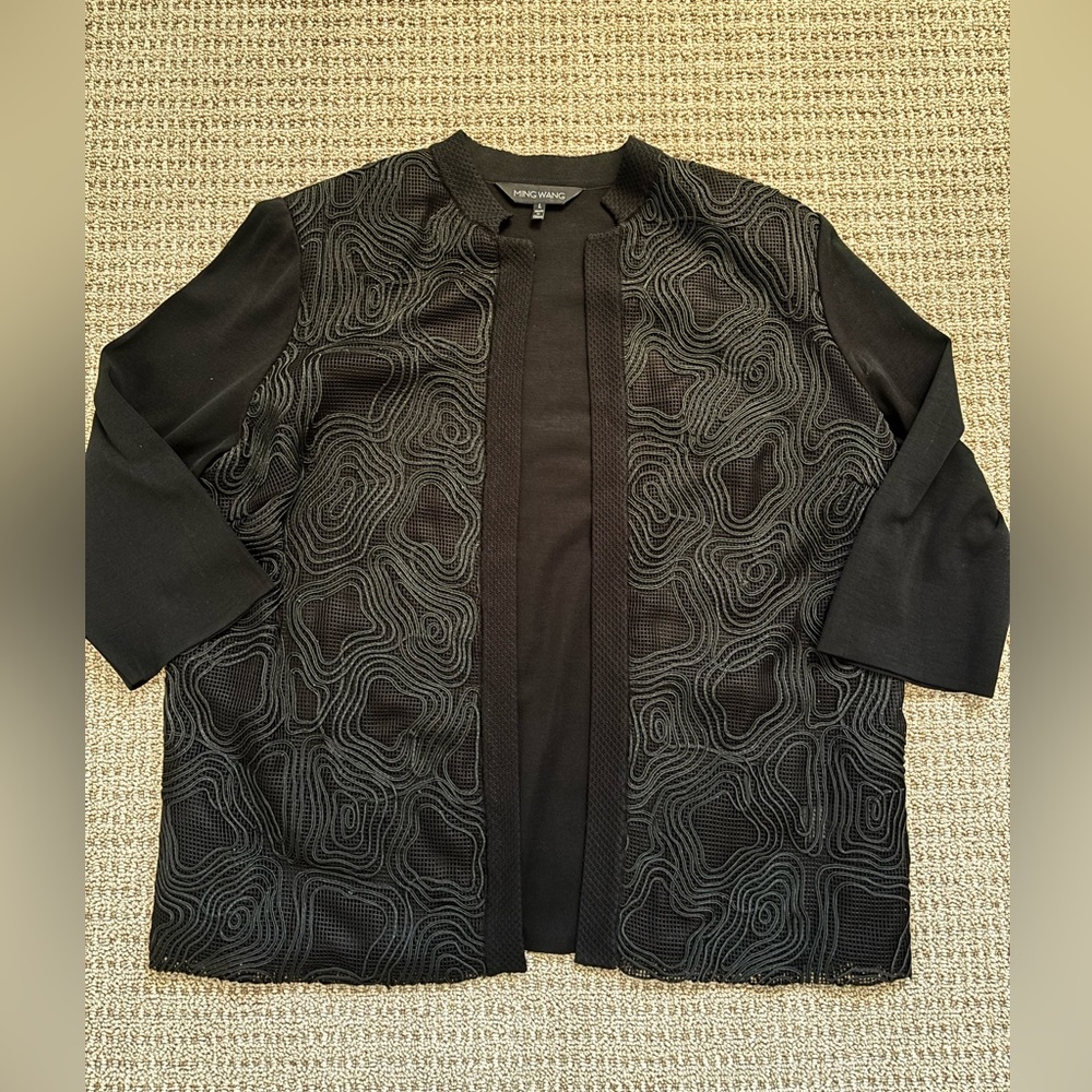 Ming Wang knit open-front cardigan jacket with a textured geometric pattern L